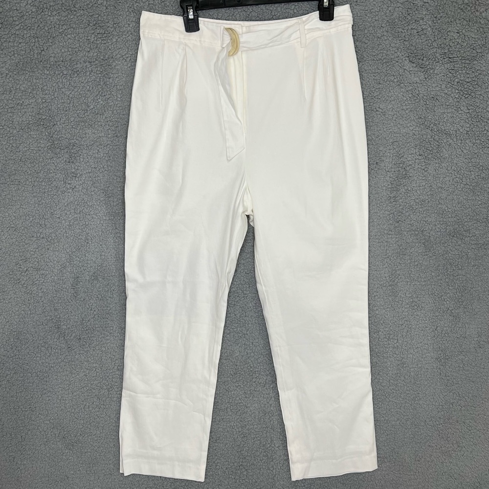 Antonio Melani Women’s Beth Linen D-Ring Belted Pants Ivory Size 12 Tapered Leg